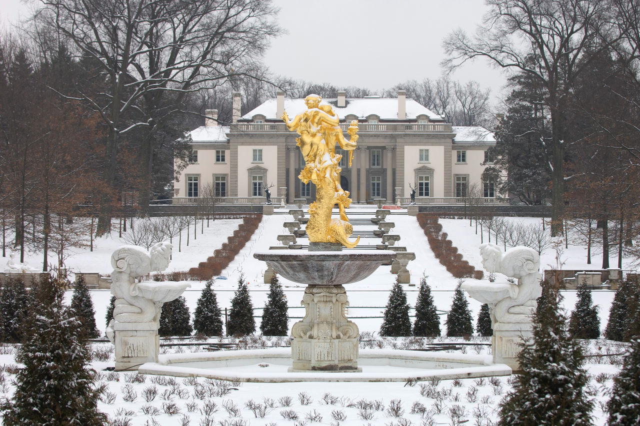 The vast Nemours Estate grounds lay vacant while covered in snow 
